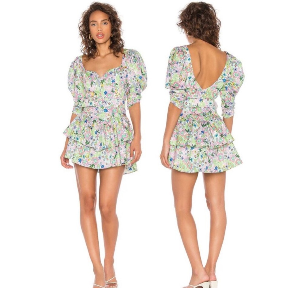 For Love And Lemons Floral Mini Dress - Green and Purple